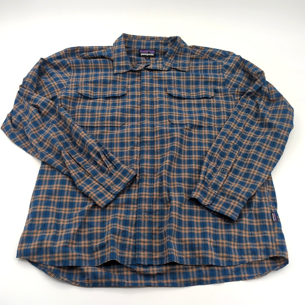 Patagonia Buckshot Plaid Long Sleeve Button Shirt Men's XLARGE Blue Orange EUC